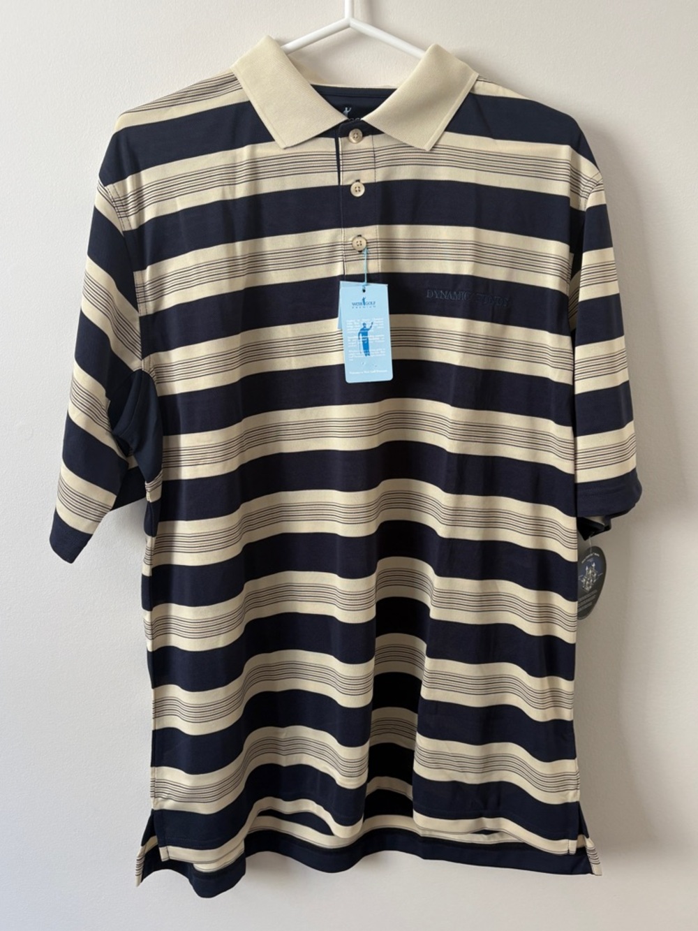 Weir Golf Premium Men's Striped Golf Polo Shirt - Navy and Cream